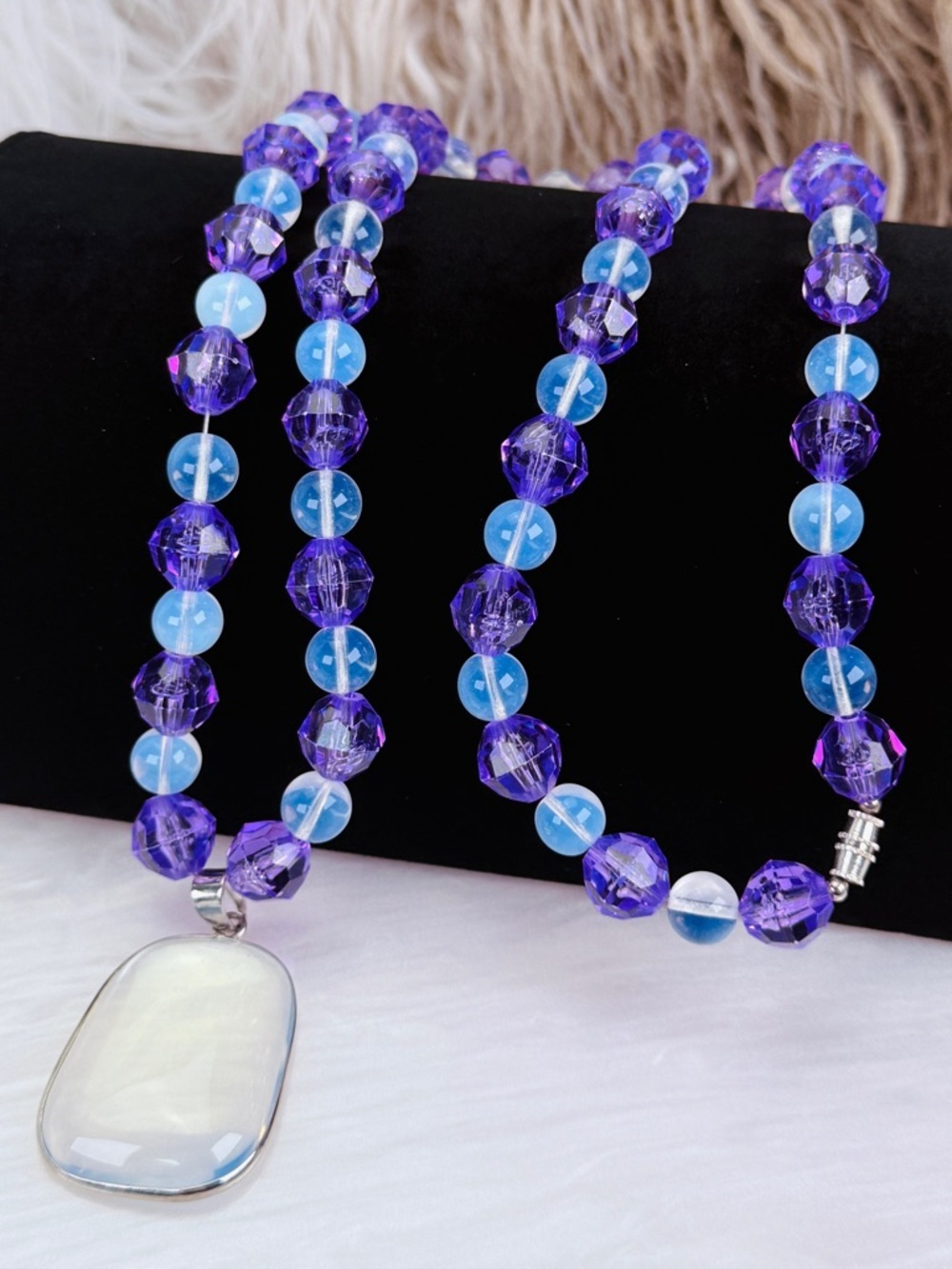 Purple Blue Beaded Long Necklace Large Iridescent Statement Pendant